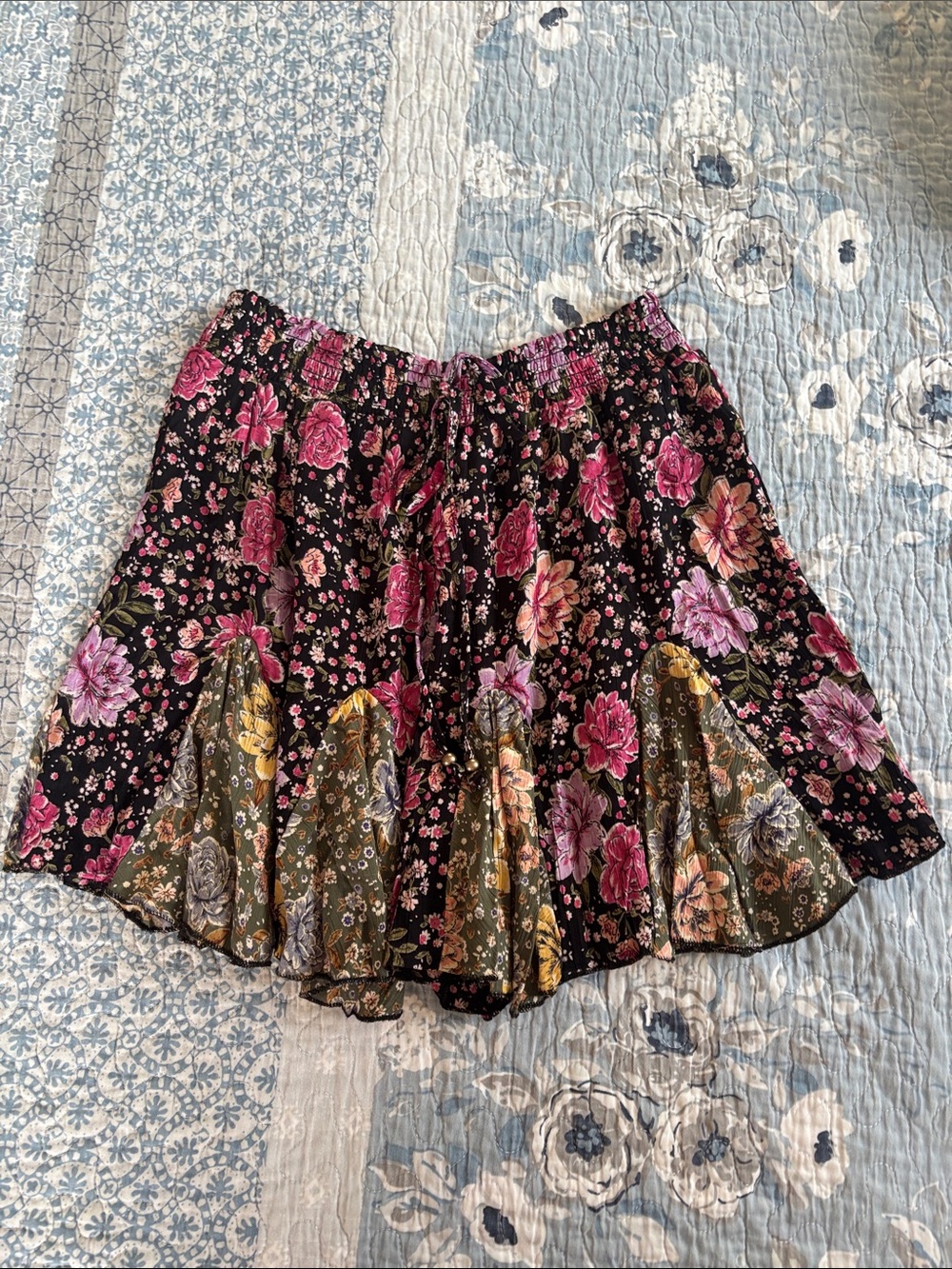 Angie Black Floral Tiered Skirt with Pink & Olive Panels size M
